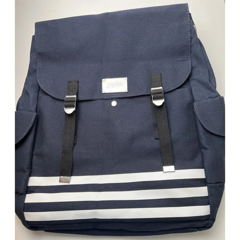 Jean Paul Gaultier Backpack Navy Blue White Stripe Travel Bag Nautical